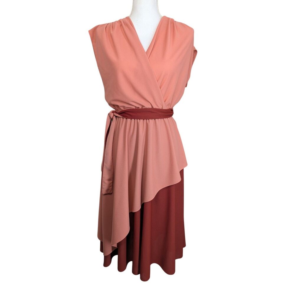 Vintage Draped Wraped Midi Dress Belted Contrasting Peach Maroon Size 12 Grecian